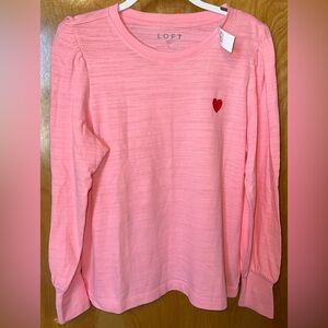 LOFT heathered pink long balloon sleeve knit top with embroidered heart Large